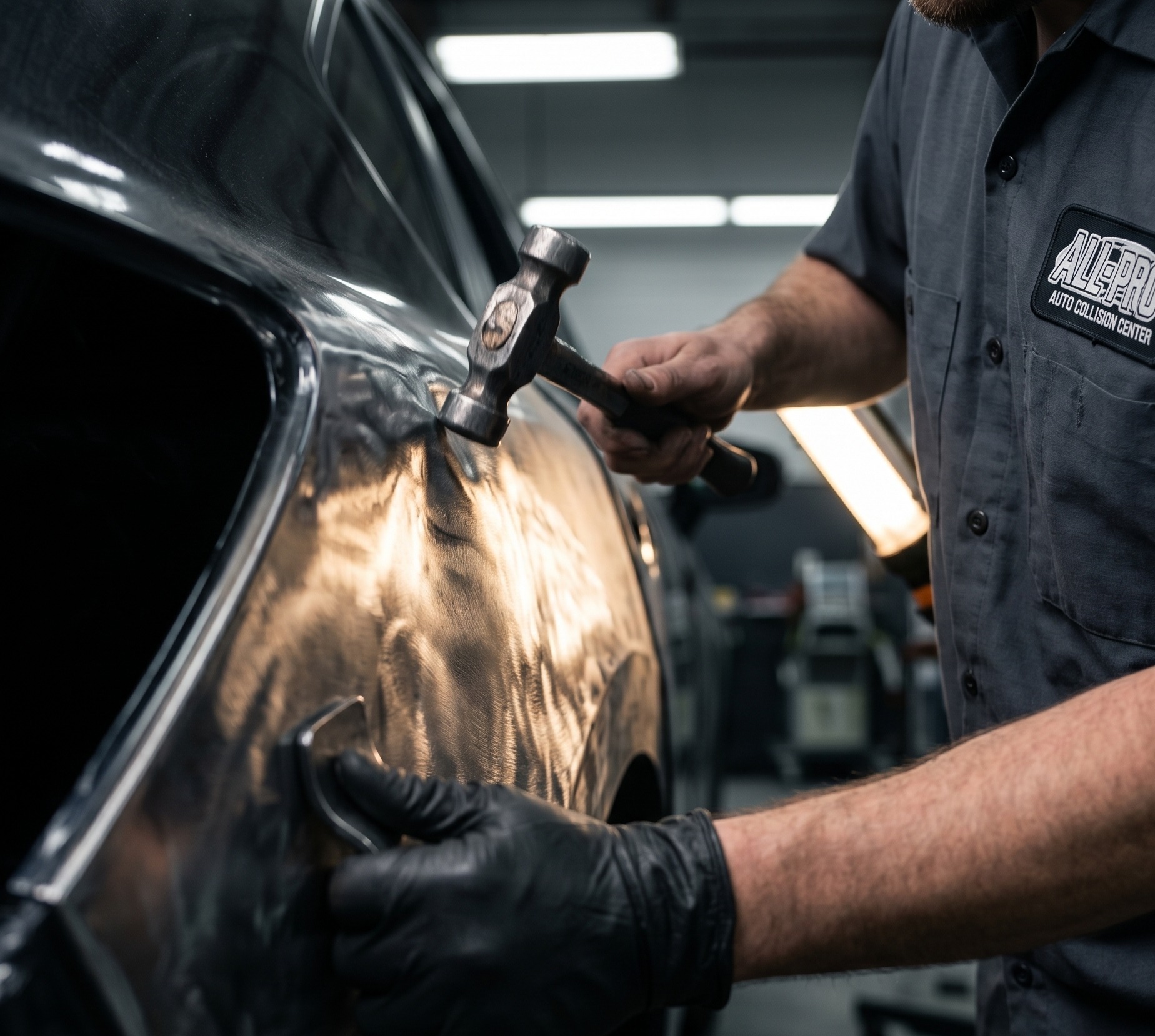 All-Pro Auto Collision technician working on a vehicle in the repair bay