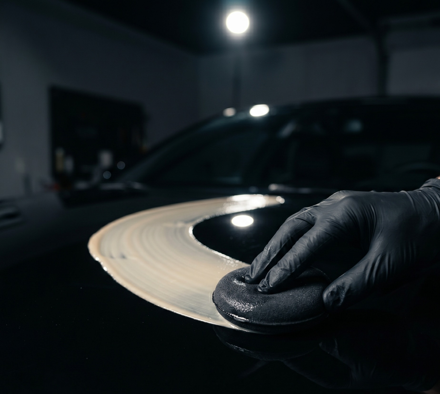 Close-up of hydrophobic ceramic-coated paint beading water