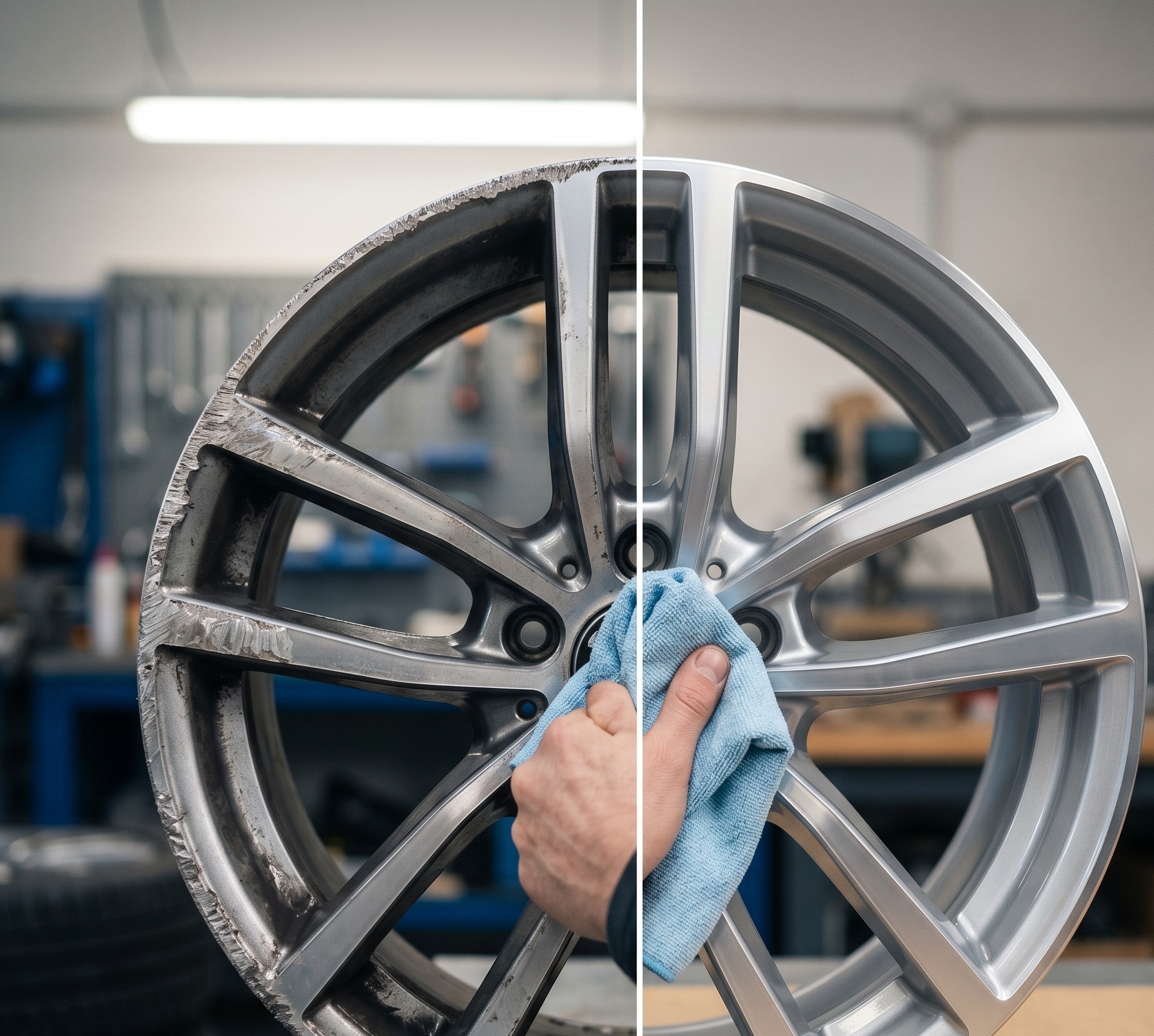 Refinished alloy wheel after curb rash repair and color-match