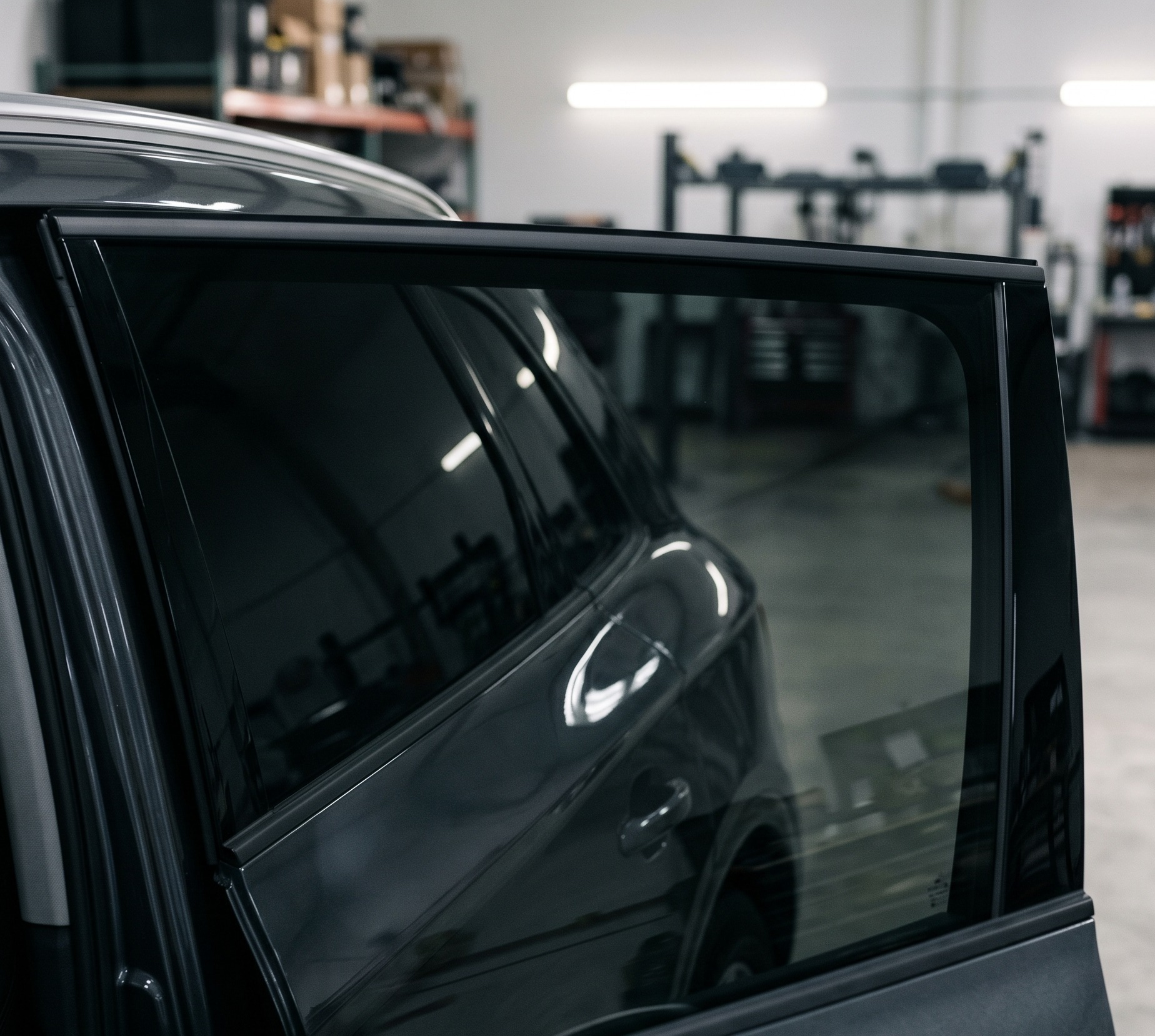 Professional ceramic window tint installed on vehicle door glass